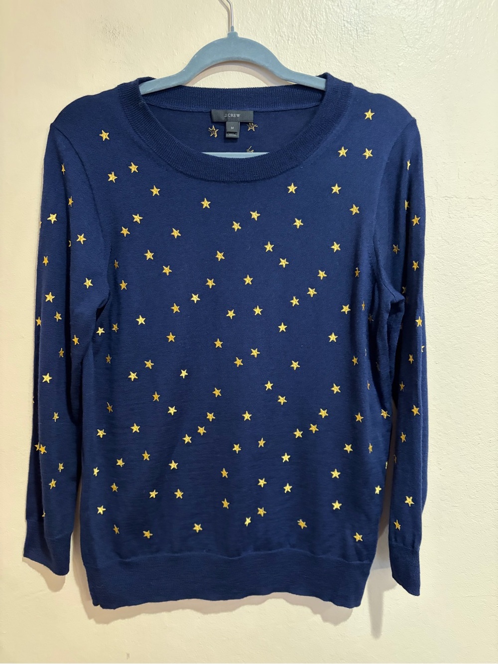 Really Cute J. Crew Navy Lightweight Sweater w/ Embroidered Gold Stars, size M